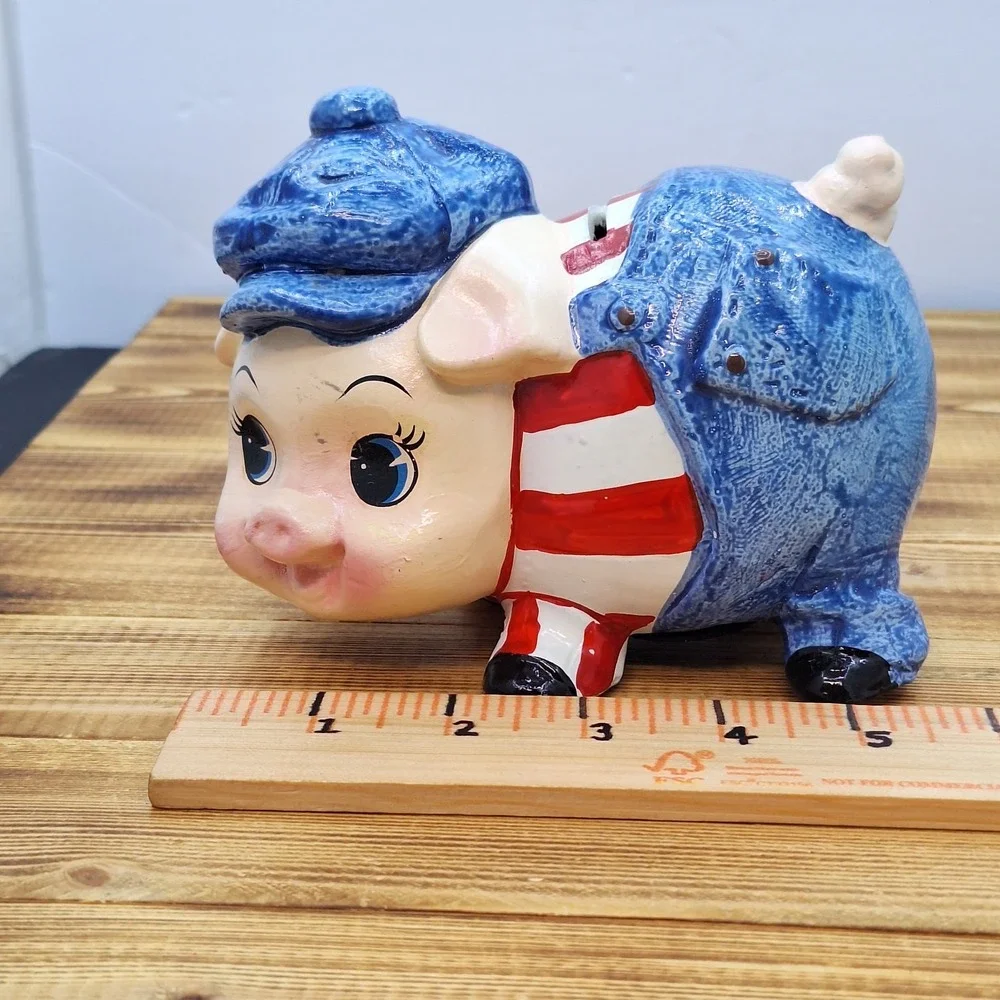 Ceramic‎ Pig Wearing Pinstripes Overalls Coin Piggy Bank Vintage Hand Painted